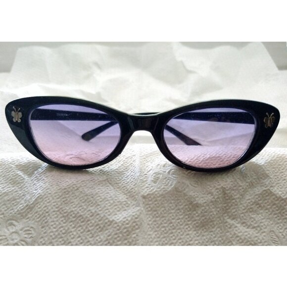 90s Butterfly Sunglasses Cateye Black Frame Violet Gradient Lens Deadstock - Picture 9 of 9